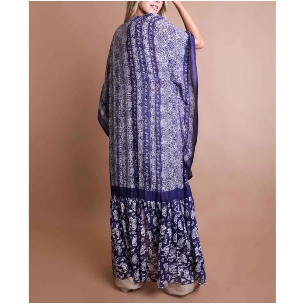 Bohemian Gypsy Purple Paisley Ruffle Long Kimono Cover up - Picture 5 of 6